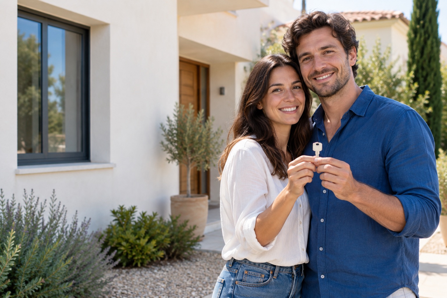 Illustration d’un couple heureux tenant la clé de son nouveau logement.